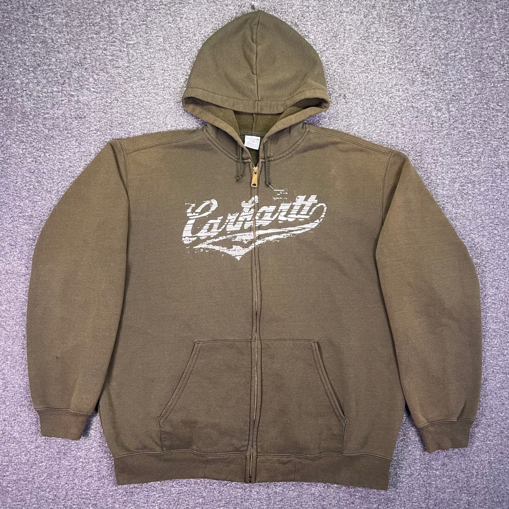 Carhartt Full Zip Hoodie Mens 2XL Olive Vintage Graphic Logo Workwear K367 OLY